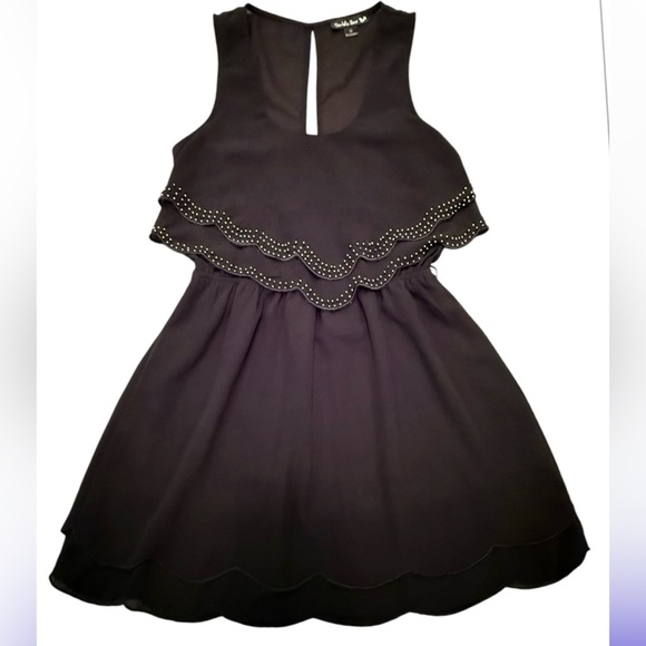 Vintage Y2K Black Sleeveless Scalloped Edge Tiered Mini Dress w/ Beading Small - Picture 1 of 12